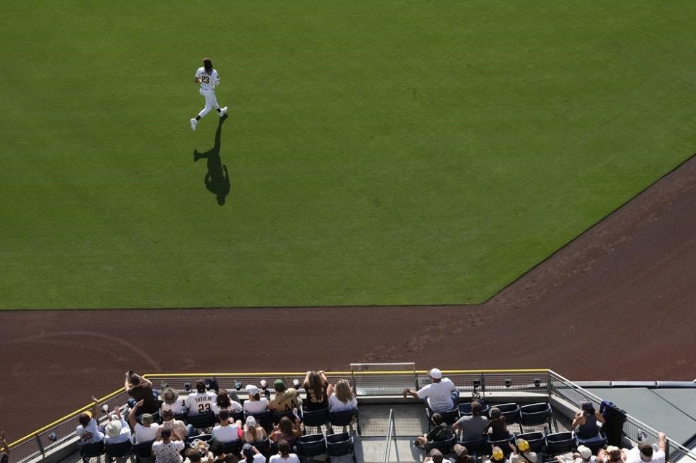 San Diego Padres right fielder Fernando Tatis Jr. runs in the outfield during the fifth inning of a baseball game against the Detroit Tigers, Monday, Sept. 2, 2024, in San Diego. (AP Photo/Gregory Bull)