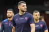 FILE - Sevilla's Rafa Mir arrives for a training session at the Puskas Arena in Budapest, Hungary, Tuesday, May 30, 2023. (AP Photo/Darko Bandic, File)