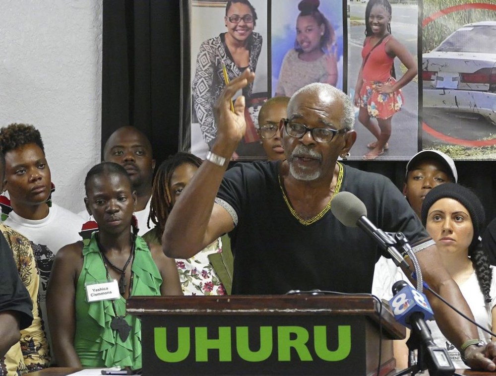 FILE - Omali Yeshitela, chairman of the International People's Democratic Uhuru Movement, St. Petersburg, addresses the recent killings of black males, and police on July 8, 2016, in Dallas. (Scott Keeler/The Tampa Bay Times via AP, File)