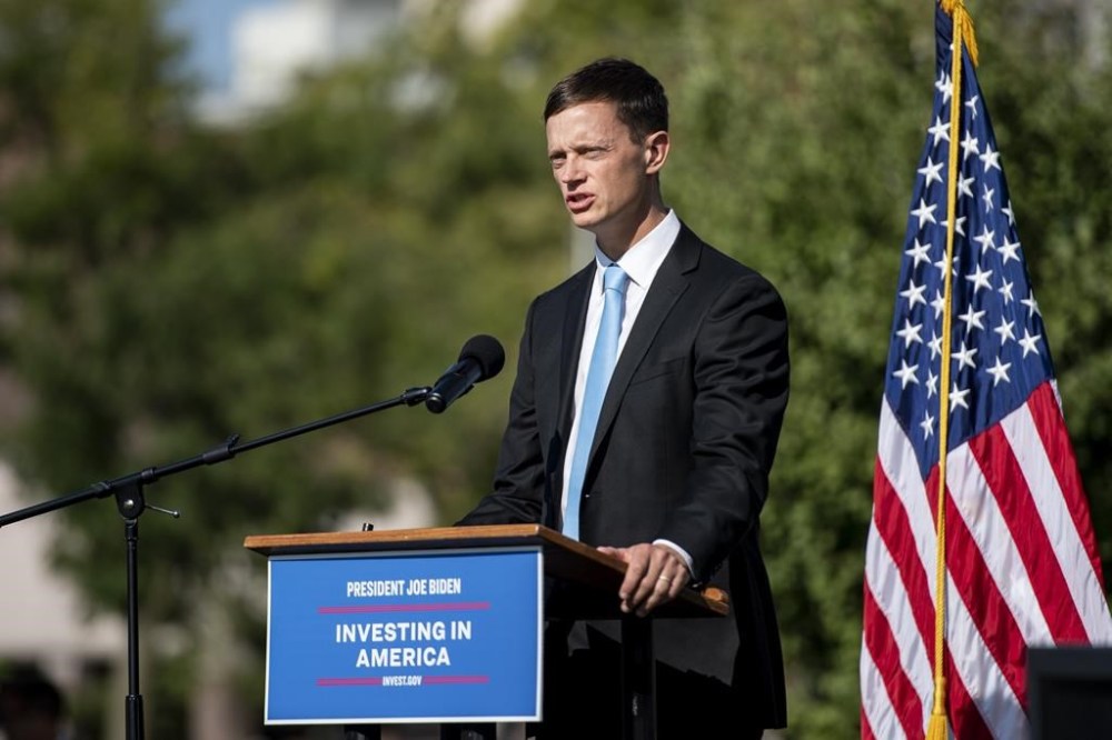 FILE - Iowa State Auditor Rob Sand speaks during an event at Greene Square Park in Cedar Rapids, Iowa, Sept. 14, 2023. (Nick Rohlman /The Gazette via AP, File)