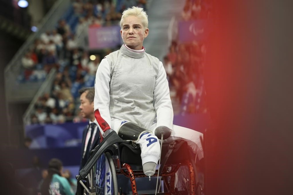 Italy's Beatrice Maria Vio Grandis looks on during her women's foil wheelchair fencing semifinal match against China's Xiao Rong at the 2024 Paralympics, Wednesday, Sept. 4, 2024, in Paris, France. (AP Photo/Thomas Padilla)
