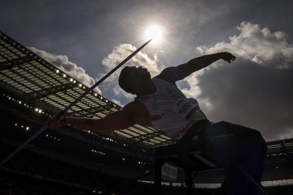 Medina Meneses, of Colombia, competes at Men's Javelin Throw F34 Final at the Stade de France stadium, during the 2024 Paralympics, Wednesday, Sept. 4, 2024, in Paris, France. (AP Photo/Emilio Morenatti)