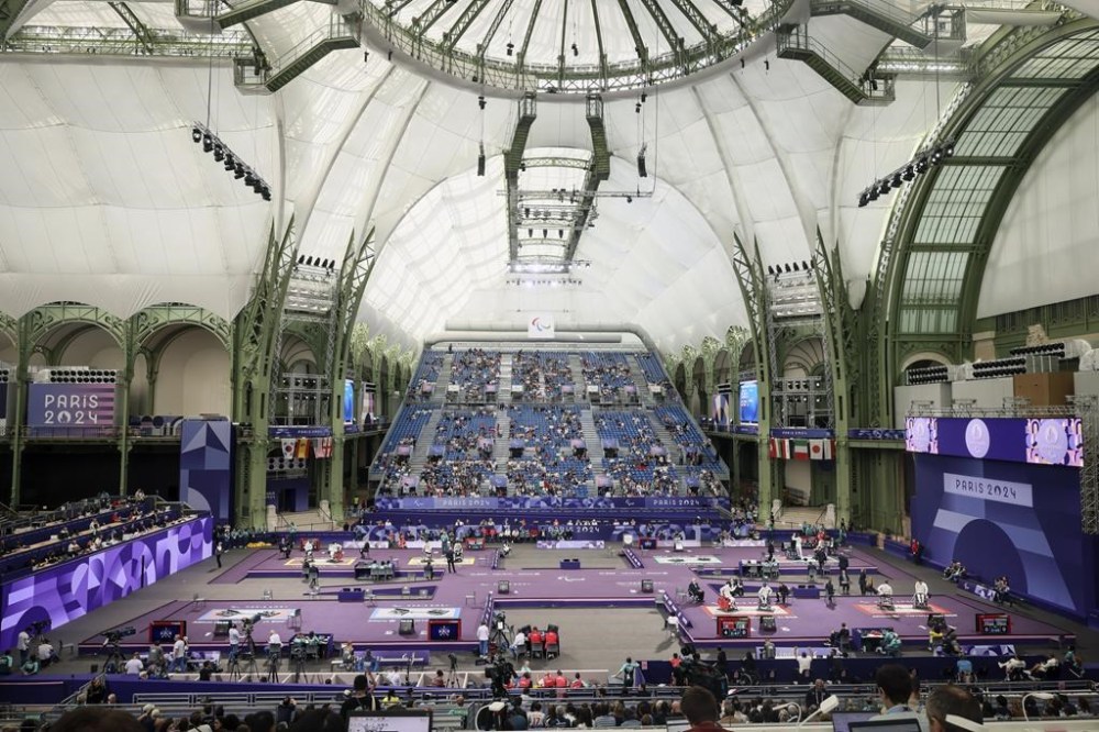 General view during the wheelchair fencing competitions at the 2024 Paralympics, Wednesday, Sept. 4, 2024, in Paris, France. (AP Photo/Thomas Padilla)