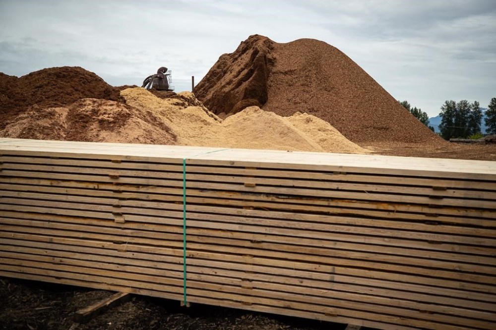 A stack of lumber and sawdust piles are seen at Teal-Jones Group sawmill in Surrey, B.C., on May 30, 2021. British Columbia's forests minister says the province's focus is on supporting the approximate 500 workers and the communities impacted by the closure of two northern B.C. sawmills. THE CANADIAN PRESS/Darryl Dyck