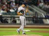 Boston Red Sox pitcher Rich Hill (44) reacts after walking in a run during the eighth inning of a baseball game against the New York Mets, Wednesday, Sept. 4, 2024, in New York. (AP Photo/Noah K. Murray)