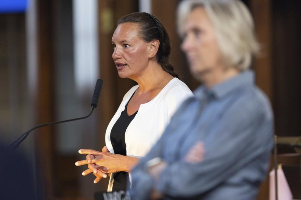 State Sen. Danielle Conrad speaks on the legislative floor of the Nebraska State Capitol, Aug. 8, 2024, in Lincoln, Neb. (AP Photo/Rebecca S. Gratz)