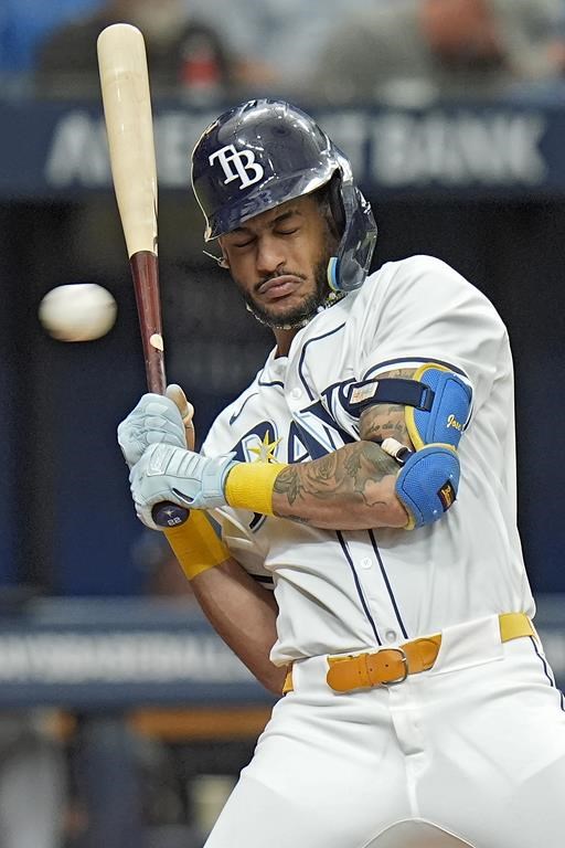 Tampa Bay Rays' Jose Siri ducks away from a pitch from Minnesota Twins' Pablo Lopez during the seventh inning of a baseball game Thursday, Sept. 5, 2024, in St. Petersburg, Fla. (AP Photo/Chris O'Meara)