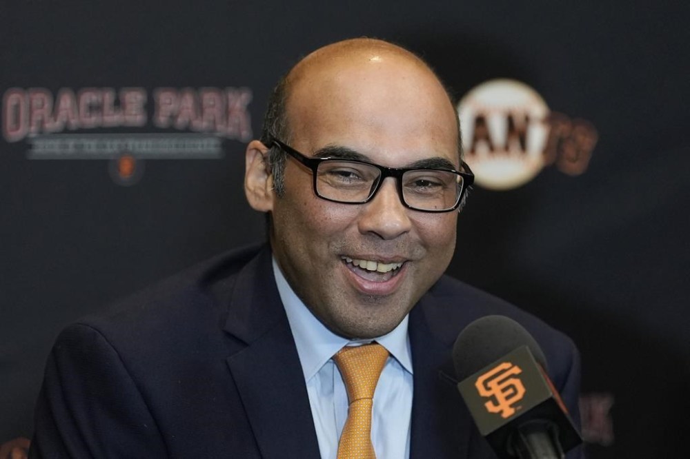 San Francisco Giants President of Baseball Operations Farhan Zaidi speaks during a news conference before a baseball game between the Giants and the Arizona Diamondbacks in San Francisco, Thursday, Sept. 5, 2024. (AP Photo/Jeff Chiu)