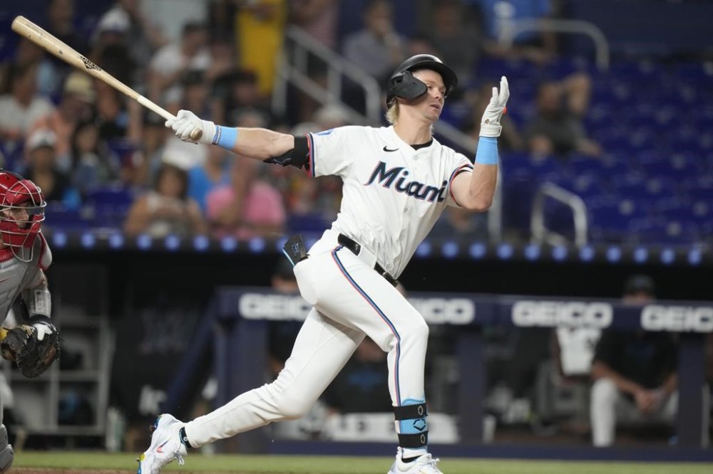 Miami Marlins' Kyle Stowers strikes out swinging during the second inning of a baseball game against the Philadelphia Phillies, Thursday, Sept. 5, 2024, in Miami. (AP Photo/Lynne Sladky)