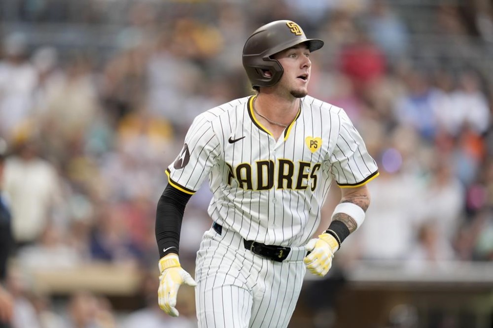 San Diego Padres' Jackson Merrill watches his line out during the second inning of a baseball game against the Detroit Tigers, Thursday, Sept. 5, 2024, in San Diego. (AP Photo/Gregory Bull)