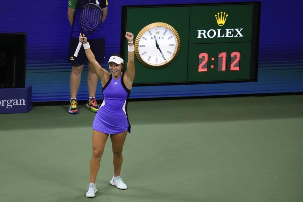 Jessica Pegula, of the United States, reacts after defeating Karolina Muchova, of the Czech Republic, during the women's singles semifinals of the U.S. Open tennis championships, Thursday, Sept. 5, 2024, in New York. (AP Photo/Frank Franklin II)