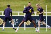England's Trent Alexander-Arnold, front, attends a training session of England's national soccer team in Burton upon Trent, England, Wednesday, Sept. 4, 2024. (Nick Potts/PA via AP)