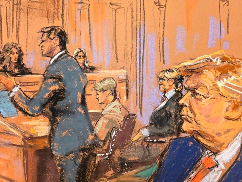 Attorney John Sauer, left, presents arguments for former President Donald Trump, right, as E. Jean Carroll, second from right, looks on in Manhattan federal court, Friday, Sept. 6, 2024, in New York. (Jane Rosenberg via AP)