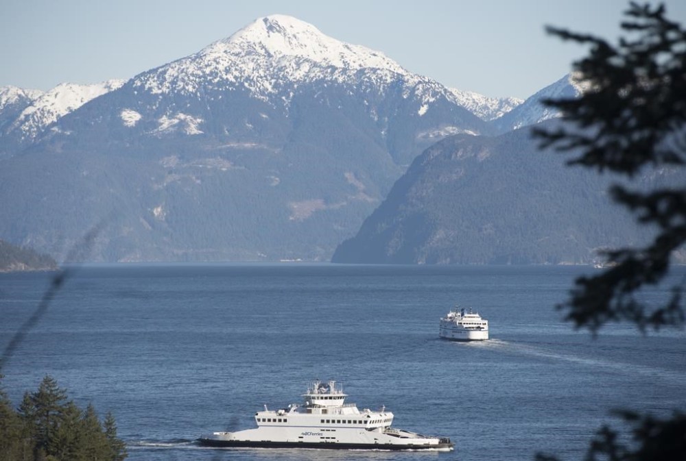BC Ferries are seen leaving Horseshoe Bay near West Vancouver, B.C., March 16, 2020. Approximately 800 litres of light hydraulic oil have spilled from a British Columbia ferry into the sea after a propeller fell off. THE CANADIAN PRESS/Jonathan Hayward