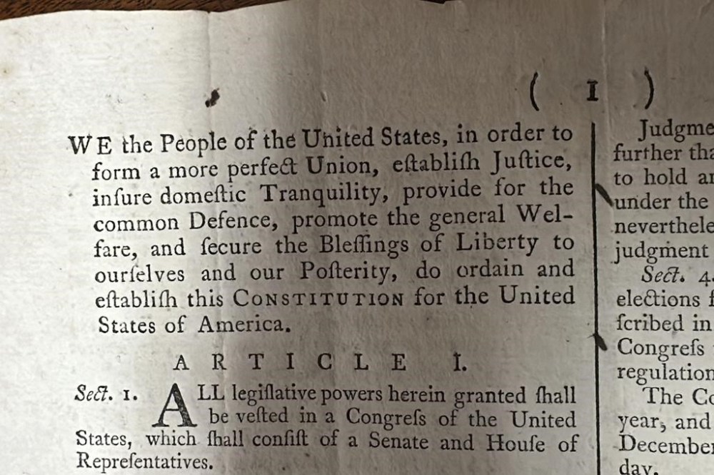 CORRECTS NAME TO BRUNK AUCTIONS - Part of an 1787 copy of the U.S. Constitution that will be put up for auction on Sept. 28, 2024 is shown at Brunk Auctions in Asheville, North Carolina, on Thursday, Sept. 5. (AP Photo/Jeffrey Collins)