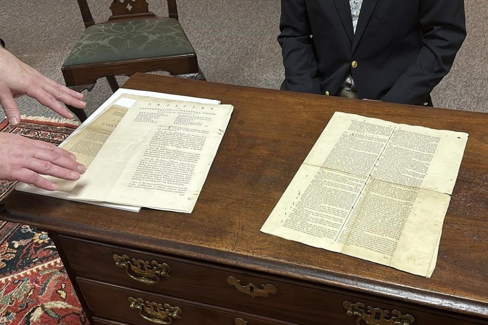 CORRECTS NAME TO BRUNK AUCTIONS - An 1787 copy of the U.S. Constitution that will be put up for auction on Sept. 28, 2024 is shown at Brunk Auctions in Asheville, N.C., on Thursday, Sept. 5. (AP Photo/Jeffrey Collins)