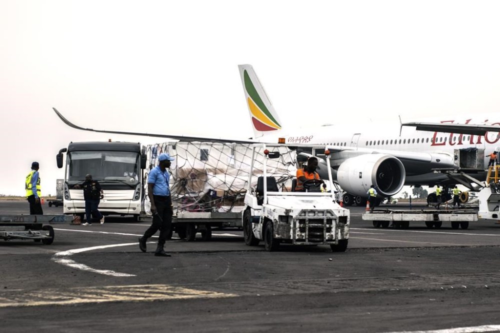 Mpox vaccine MVA-BN vaccine, manufactured by the Danish company Bavarian Nordic, are offloaded from a plane in Kinshasa, Congo, Thursday, Sept. 5, 2024. (AP Photo/Samy Ntumba Shambuyi)
