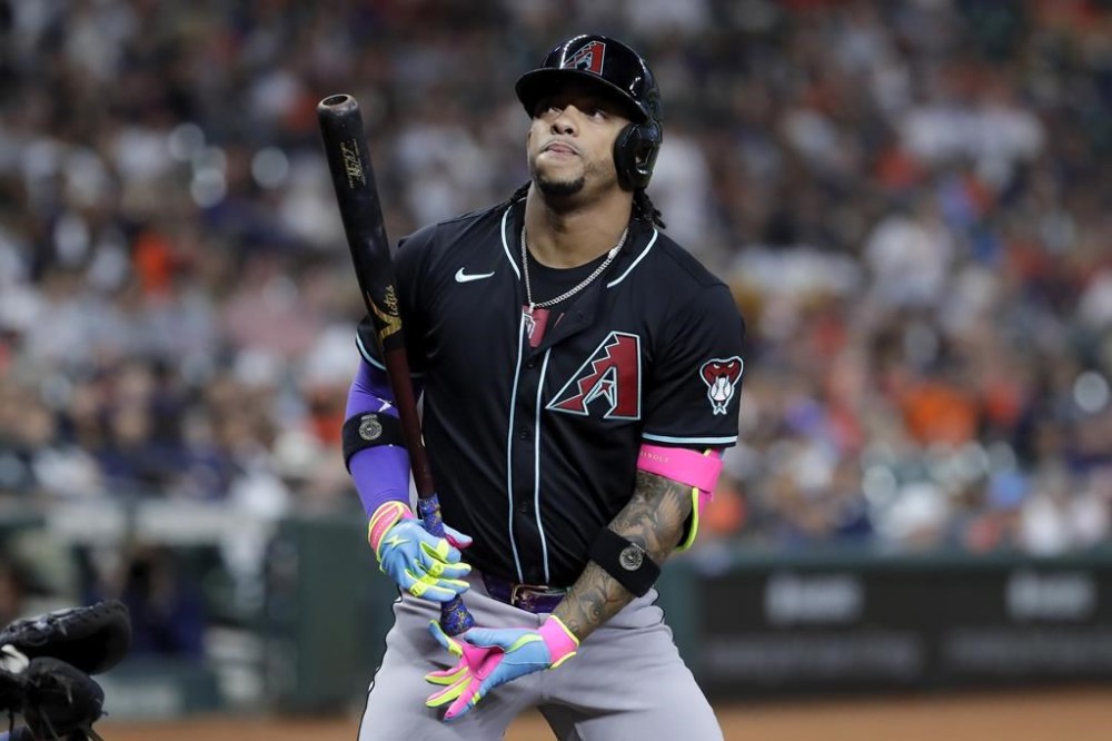 Arizona Diamondbacks designated hitter Ketel Marte steps up for his first at-bat after coming off an injury against the Houston Astros on his return during the first inning of a baseball game, Friday, Sept. 6, 2024, in Houston. (AP Photo/Michael Wyke)