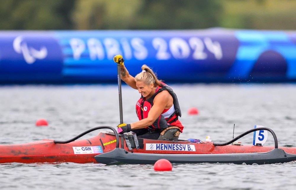 Brianna Hennessy competes in the Women’s Para Canoe Va’a Single 200m VL2 Final at the 2024 Paralympic Games in Paris, France on Saturday September 7, 2024. THE CANADIAN PRESS/HO, CANADIAN PARALYMPIC COMMITTEE, Angela Burger