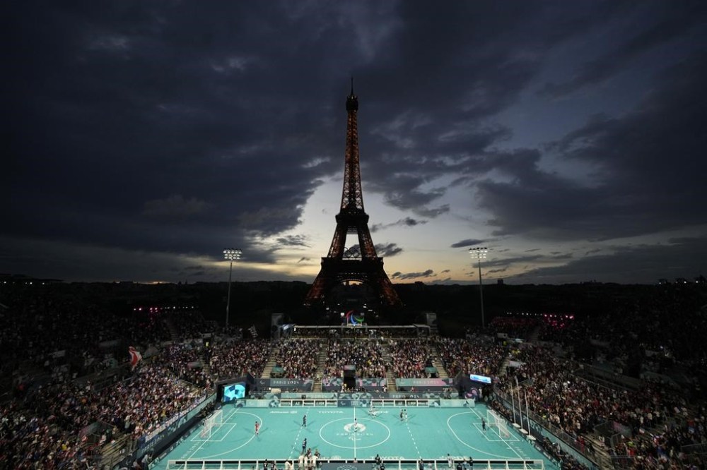 France and Argentina compete during the blind football gold medal match at the 2024 Paralympics, Saturday, Sept. 7, 2024, in Paris, France. (AP Photo/Christophe Ena)