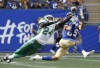 Saskatchewan Roughriders' Deontai Williams (24) knocks the pass away from Winnipeg Blue Bombers' Kenny Lawler (89) during the first half of CFL Banjo Bowl action in Winnipeg Saturday, September 7, 2024. Zach Collaros threw a touchdown and Sergio Castillo booted four field goals as the Winnipeg Blue Bombers defeated the Saskatchwan Roughriders 26-21 on Saturday. THE CANADIAN PRESS/John Woods