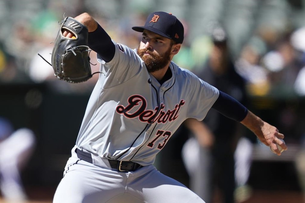 Detroit Tigers pitcher Sean Guenther (73) throws against the Oakland Athletics during the eighth inning of a baseball game Saturday, Sept. 7, 2024, in Oakland, Calif. (AP Photo/Tony Avelar)