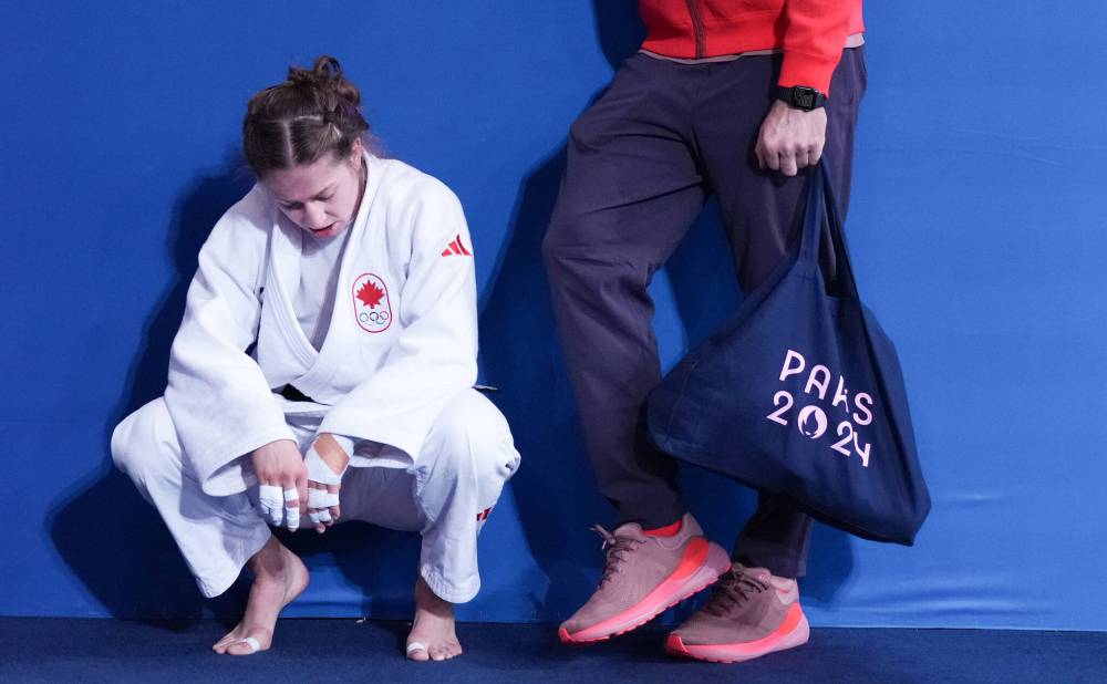 Christinne Muschi / The Canadian Press
Canada’s Catherine Beauchemin-Pinard reacts after losing to Laura Fazliu of Kosovo in the under-63-kilogram judo repêchage match Tuesday in Paris.