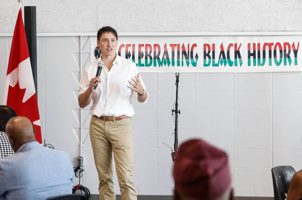 Prime Minister Justin Trudeau at a Black History Manitoba breakfast at St. Norbert Community Centre in Winnipeg South Tuesday morning. (John Woods / The Canadian Press)