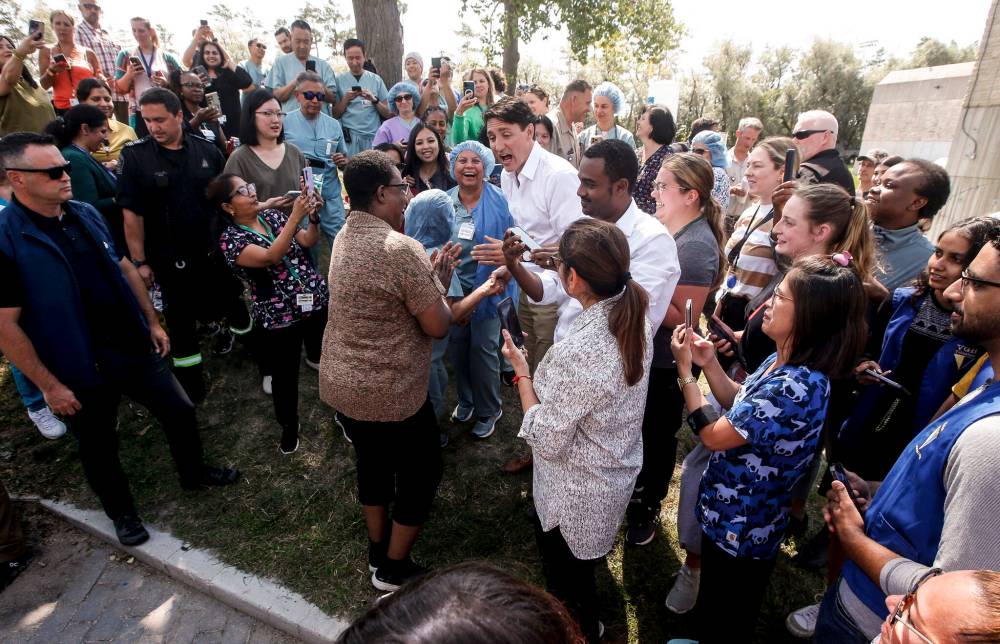 Prime Minister Justin Trudeau didn’t make a speech or take questions from the media at the event but could be overheard thanking hospital workers for their service. (John Woods / The Canadian Press)