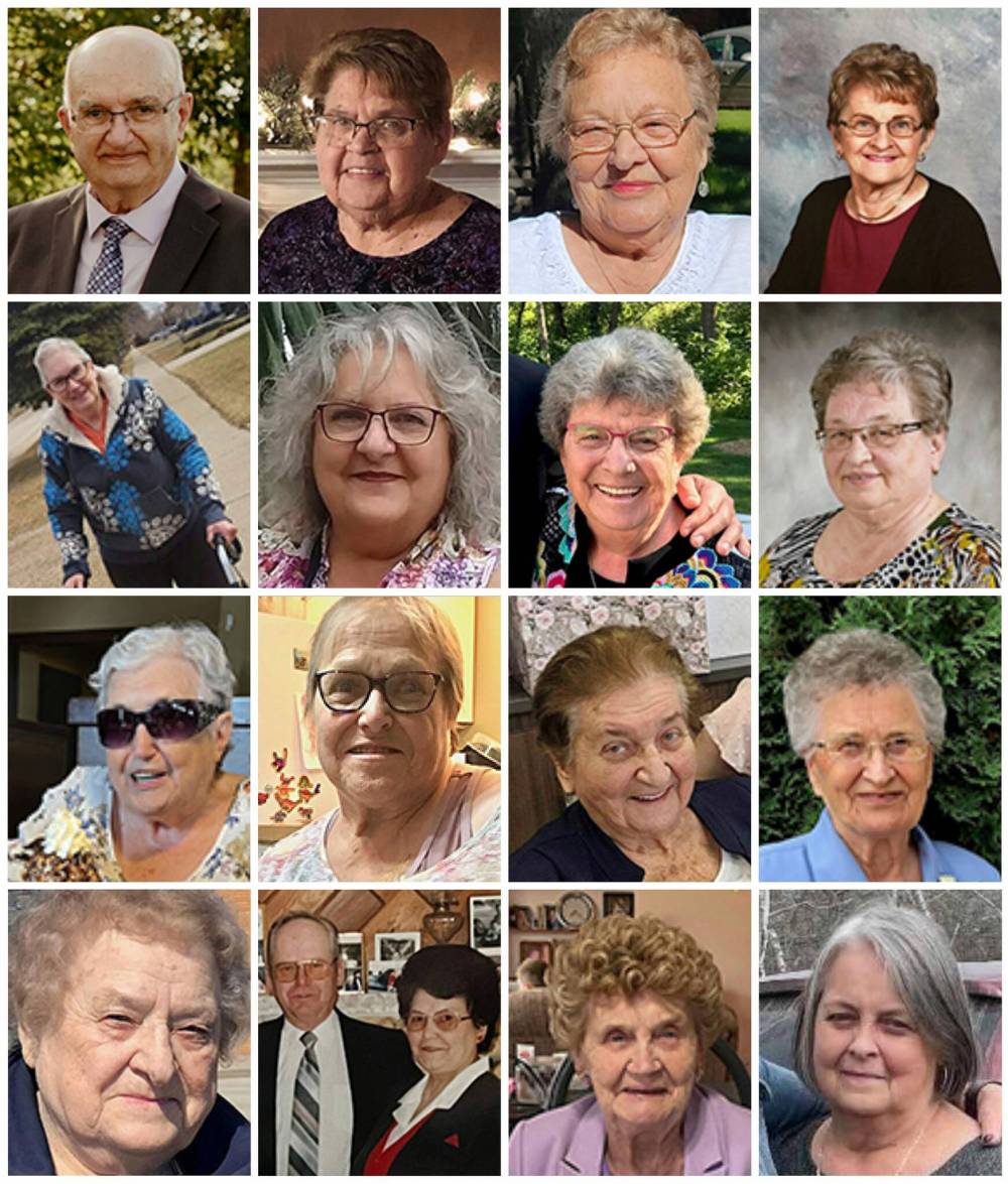 The 17 Carberry crash victims: Top row from left: Louis Bretecher, Margaret Furkalo, Vangie Gilchrist, Ann Hill. Second row, from left: Arlene Lindquist, Dianne Medwid, Nettie Nakonechny, Shirley Novalkowski. Third row, from left: Jean Rosenkranz, Lillian Stobbe, Donna Showdra, Patsy Zamrykut. Fourth row, from left: Helen Kufley, Frank and Rose Perzylo, Claudia Zurba, Catherine Day.