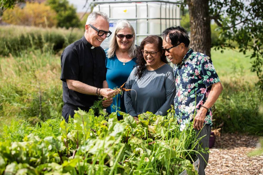 MIKAELA MACKENZIE / FREE PRESS
Father Darrin Gurr (from left), Brenda Van Walleghem, Rachel Banmann and Rod Cantiveros check out the produce at the community garden at St. Gianna Beretta Molla Roman Catholic Church.