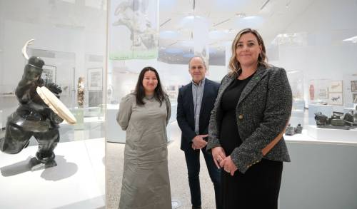 Ruth Bonneville / Free Press
                                From right, TD Bank group vice-president Nicole Beaton and WAG-Qaumajuq director 
Stephen Borys announce Nawang Kinkar as the first recipient of the TD Curatorial Fellowship.