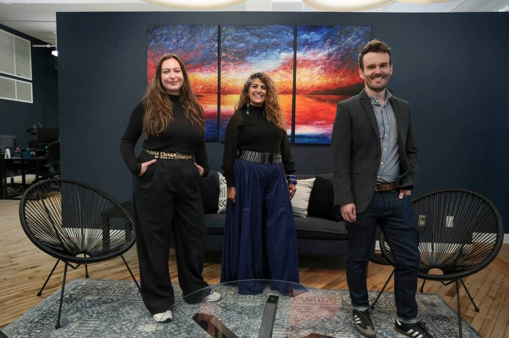 Ruth Bonneville / Free Press
Narratives Inc. partners Desirée Thériault (left), Somia Sadiq and Conor Smith in the company’s offices in the Exchange District. Narratives offers a mix of impact assessment, conflict transformation, territorial planning and research.