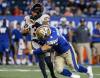 B.C. Lions quarterback Vernon Adams Jr. (3) gets sacked by Winnipeg Blue Bombers' Adam Bighill (4) during second half CFL action in Winnipeg Thursday, August 1, 2024.    THE CANADIAN PRESS/John Woods