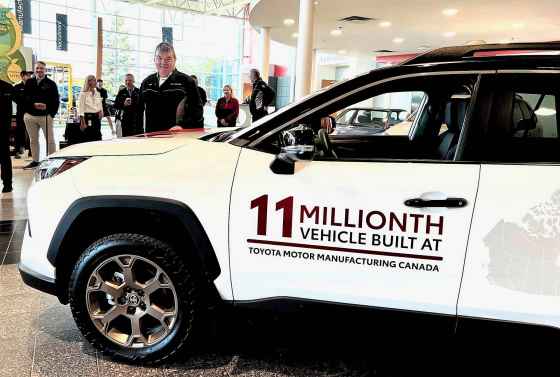 Frank Voss, president of Toyota Motor Manufacturing Canada, unveiled the 11 millionth vehicle, a 2024 Toyota RAV4, produced in Canada. It rolled off the line earlier in August. (Kelly Taylor / Free Press)