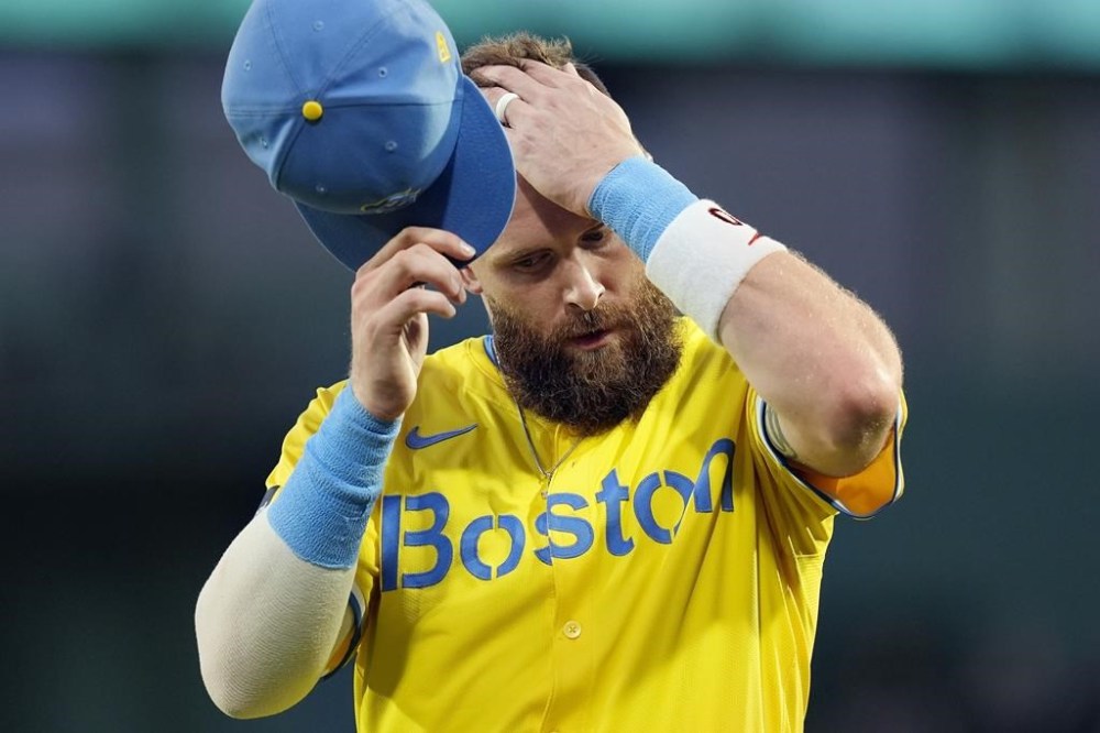 Boston Red Sox's Trevor Story before a baseball game against the Chicago White Sox, Saturday, Sept. 7, 2024, in Boston. (AP Photo/Michael Dwyer)