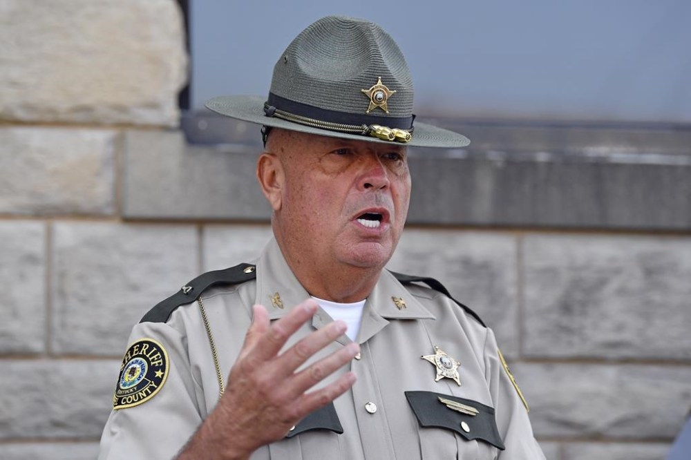 Laurel County Sheriff John Root addresses the media to give an update on the efforts to find the suspect in the shooting at I-75 at the Livingston Ky. exit at the Laurel County Sheriff's Office in London, Ky., Monday, Sept. 9, 2024. (AP Photo/Timothy D. Easley)
