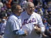 FILE - Ed Kranepool, right, poses for a photo with Gil Hodges, Jr., son of former New York Mets manager Gil Hodges, after Hodges threw the first pitch to Kranepool before the Mets home opener baseball game against the Washington Nationals, April 4, 2019, in New York. (AP Photo/Bill Kostroun, File)
