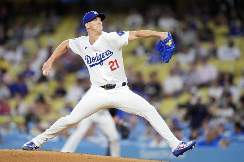 Los Angeles Dodgers starting pitcher Walker Buehler throws to the plate during the first inning of a baseball game against the Chicago Cubs, Monday, Sept. 9, 2024, in Los Angeles. (AP Photo/Mark J. Terrill)