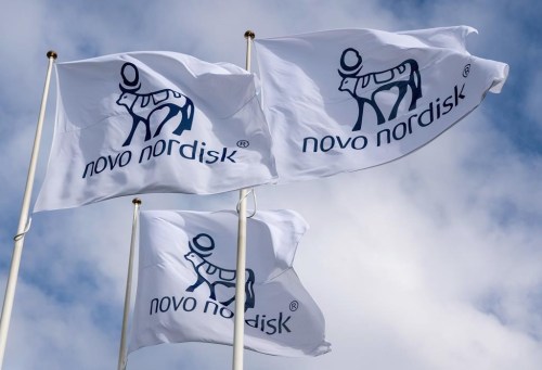 This undated photo provided by Novo Nordisk shows flags bearing the company's logo. (Novo Nordisk via AP)