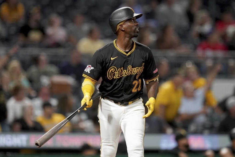 Pittsburgh Pirates' Andrew McCutchen watches his three-run home run during the fifth inning of a baseball game against the Miami Marlins, Tuesday, Sept. 10, 2024, in Pittsburgh. (AP Photo/Matt Freed)