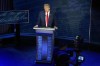 Republican presidential nominee former President Donald Trump waits at the podium during a break in the presidential debate with Democratic presidential nominee Vice President Kamala Harris at the National Constitution Center, Tuesday, Sept.10, 2024, in Philadelphia. (AP Photo/Alex Brandon)