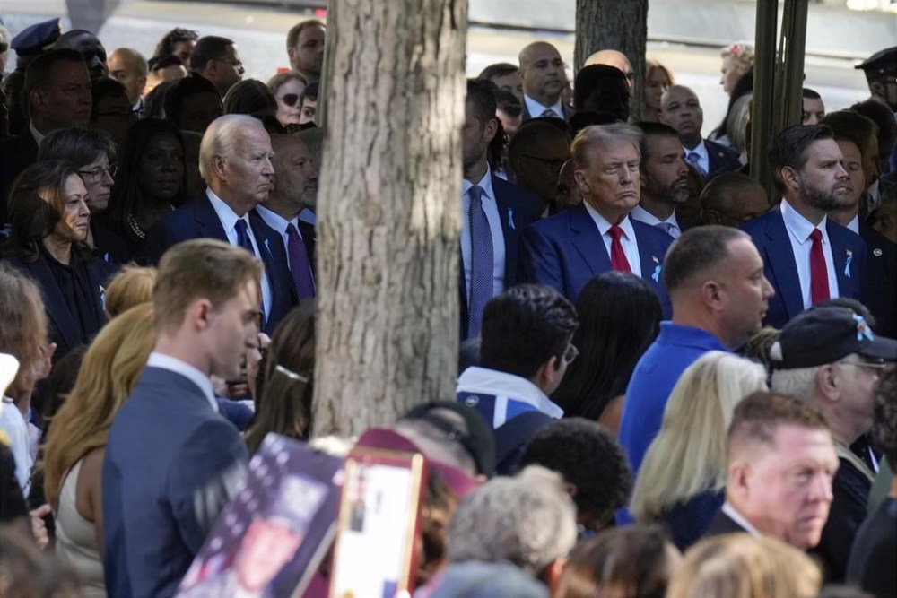 From left, Senate Majority Leader Chuck Schumer of N.Y., Democratic presidential nominee Vice President Kamala Harris, President Joe Biden, Republican presidential nominee former President Donald Trump and Republican vice presidential nominee Sen. JD Vance, R-Ohio, attend a 9/11 commemoration ceremony at Ground Zero, in New York, Wednesday, Sept. 11, 2024. (AP Photo/Jacquelyn Martin)