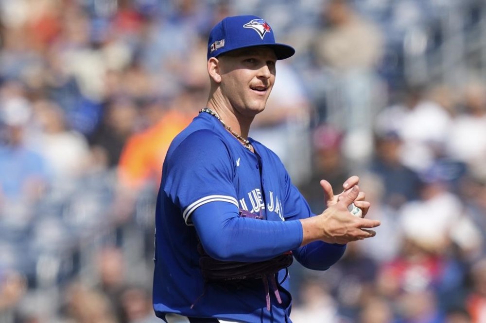 Toronto Blue Jays pitcher Bowden Francis reacts as he works against the New York Mets during first inning interleague MLB baseball action in Toronto, Wednesday, Sept. 11, 2024. THE CANADIAN PRESS/Chris Young