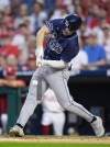 Tampa Bay Rays' Taylor Walls hits an RBI single off Philadelphia Phillies' Zack Wheeler during the second inning of a baseball game, Wednesday, Sept. 11, 2024, in Philadelphia. (AP Photo/Derik Hamilton)