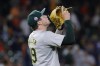 Oakland Athletics closing pitcher Mason Miller reacts after Houston Astros' Victor Caratini flies out to end the game, giving the Athletics the win at the end of a baseball game, Wednesday, Sept. 11, 2024, in Houston. (AP Photo/Michael Wyke)