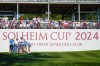 European players gets ready to tee off during a practice round prior to the Solheim Cup golf tournament at the Robert Trent Jones Golf Club, Thursday, Sept. 12, 2024, in Gainesville, VA. (AP Photo/Chris Szagola)