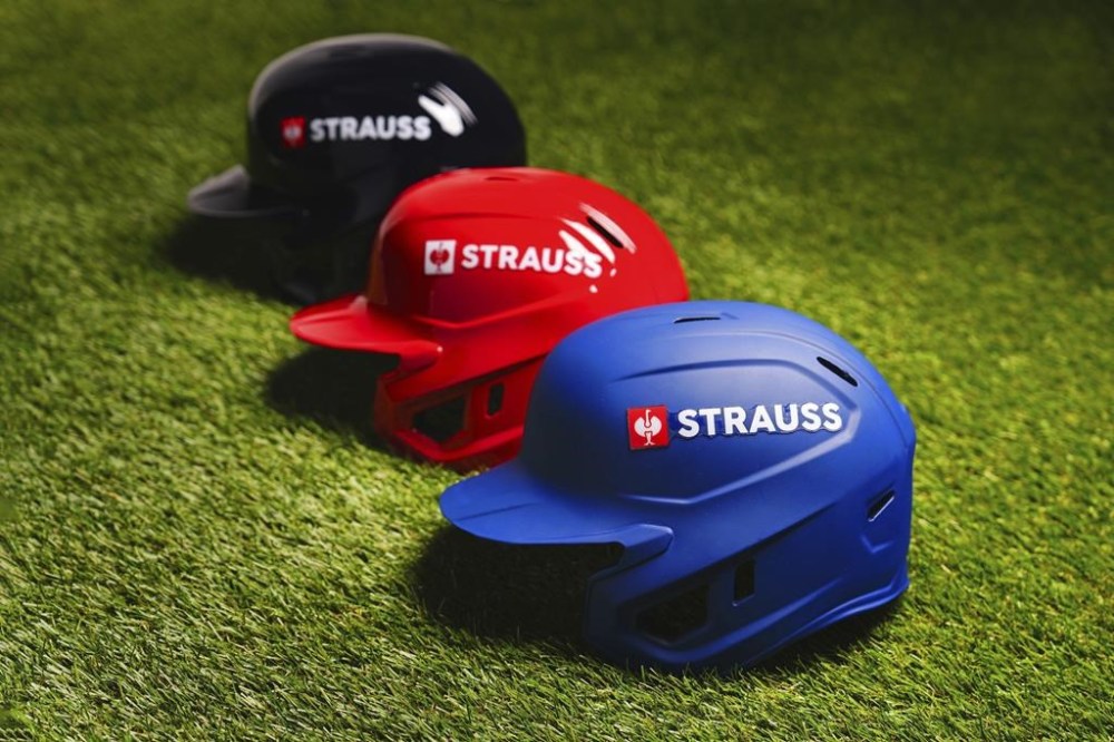 This image provided by Major League Baseball shows Strauss branded batting helmets taken at Major League Baseball Headquarters, Thursday, Sept. 12, 2024, in New York. (Mary DeCicco/Major League Baseball via AP)