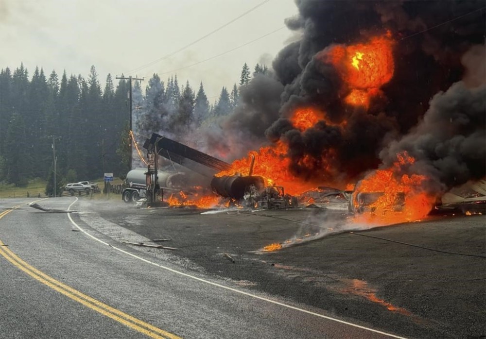 A fire burns at the gas station after an explosion on Wednesday, Sept. 12, 2024 in Cardiff, Idaho. (Clearwater County Sheriff's Office via AP).
