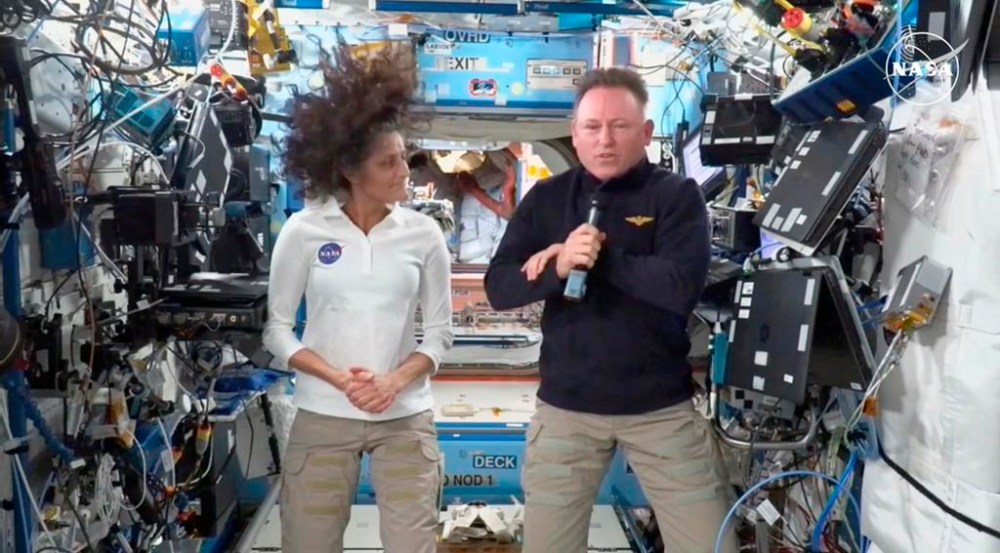 This image made from a NASA live stream shows NASA astronauts Suni Williams and Butch Wilmore during a press conference from the International Space Station on Friday, Sept. 13, 2024. (NASA via AP)